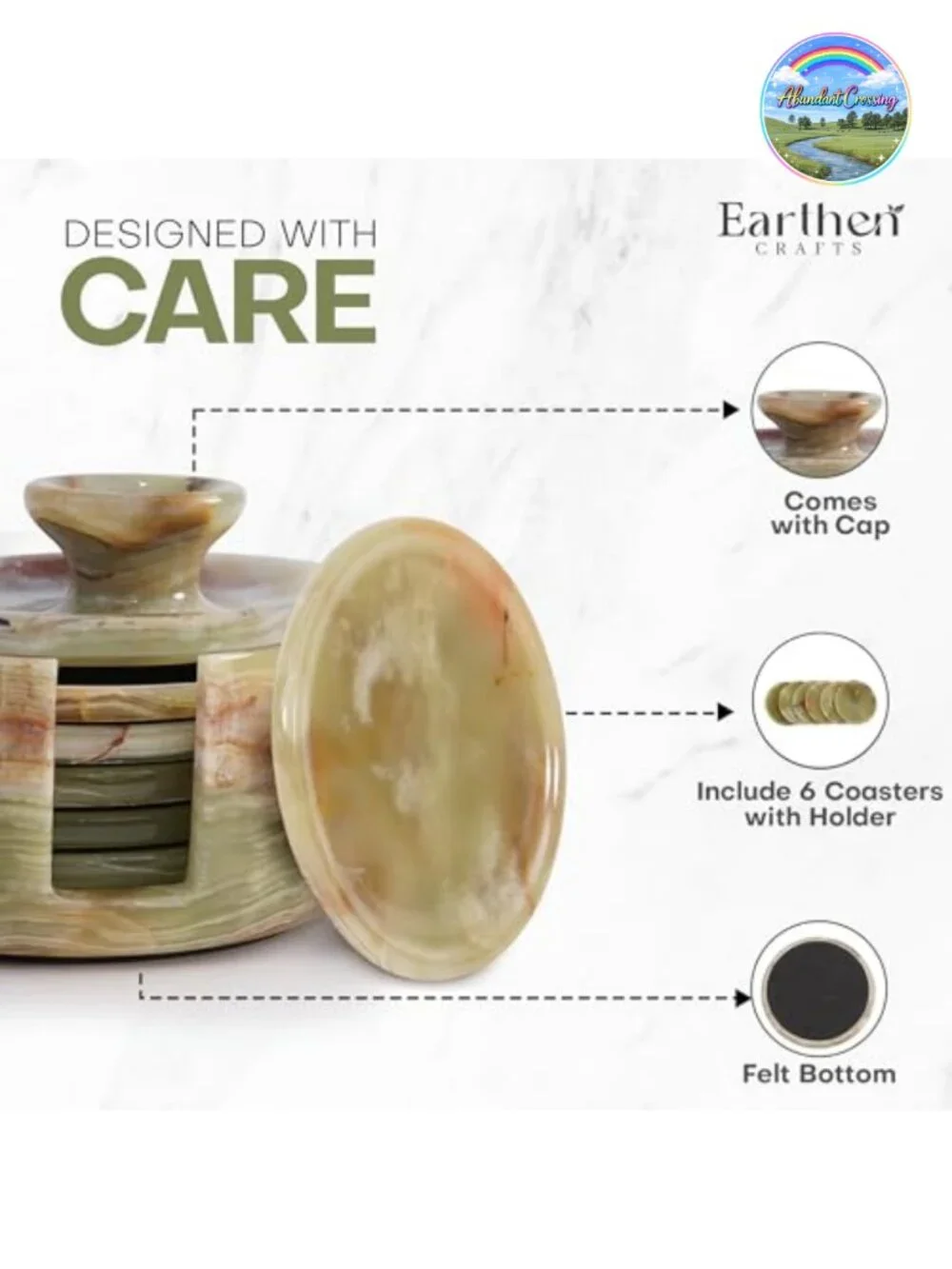 Green Onyx Marble Coasters Set of 6 with Holder & Lid, Stone Drink Coasters for